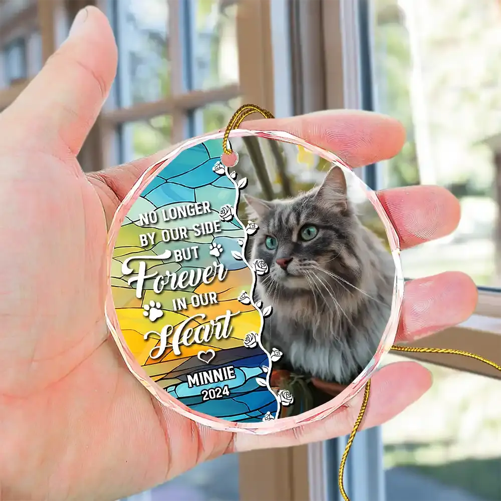 Custom Photo No Longer By Our Side Dog Cat Pet Memorial Heart - Personalized Circle Acrylic Ornament Ornament The Next Custom Gift