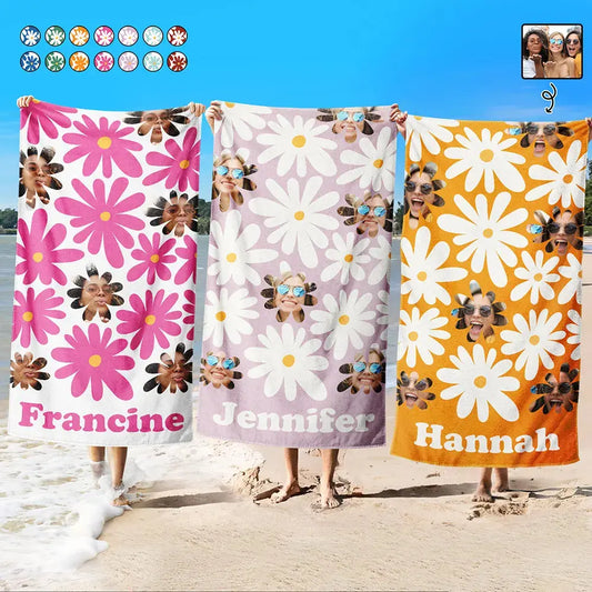 Custom Photo Retro Daisy Flowers - Personalized Beach Towel Beach Towel The Next Custom Gift