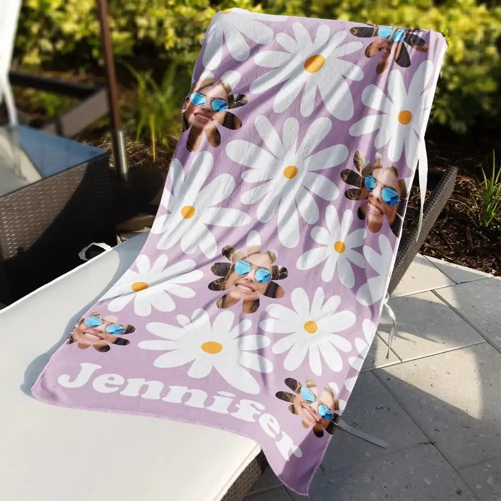 Custom Photo Retro Daisy Flowers - Personalized Beach Towel Beach Towel The Next Custom Gift