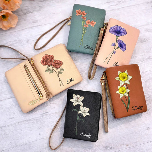 Custom Birth Month Flower And Name - Personalized Tri-Fold PU Leather Wristlet Wallet