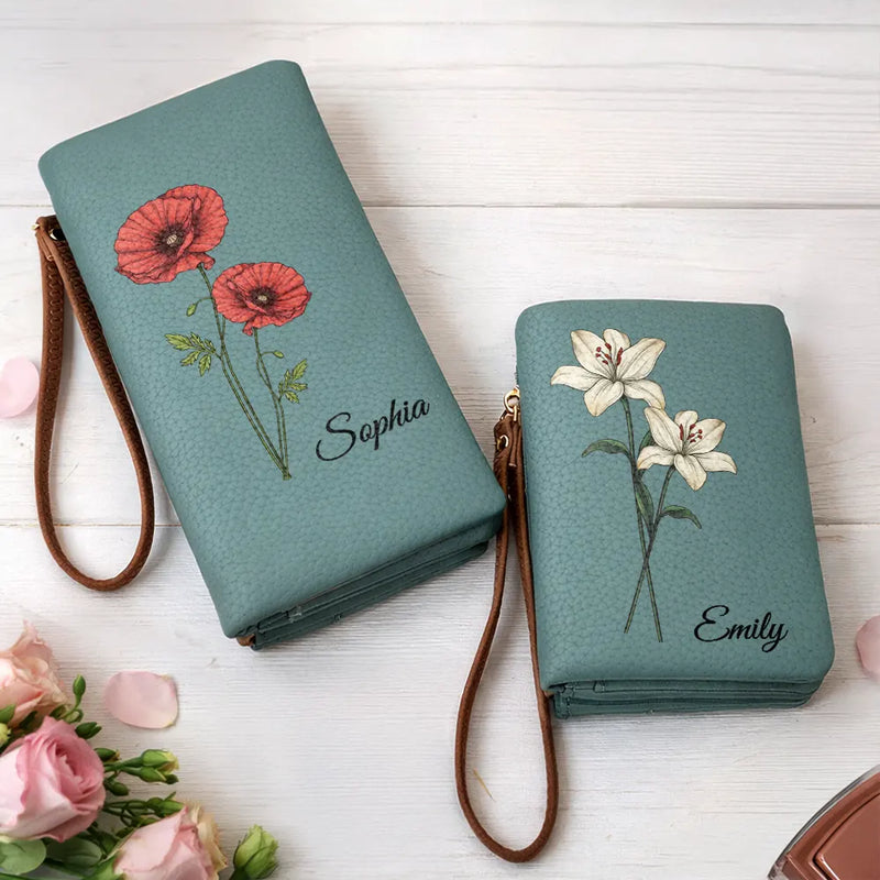 Custom Birth Month Flower And Name - Personalized Tri-Fold PU Leather Wristlet Wallet