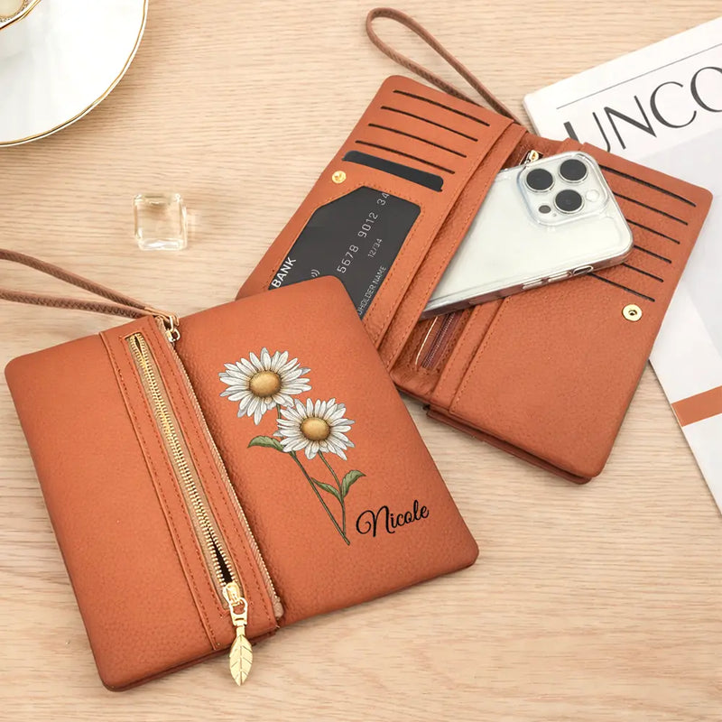 Custom Birth Month Flower And Name - Personalized Tri-Fold PU Leather Wristlet Wallet