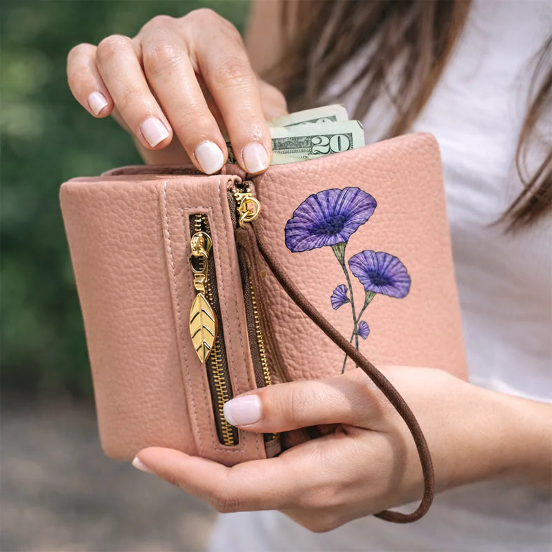 Custom Birth Month Flower And Name - Personalized Tri-Fold PU Leather Wristlet Wallet