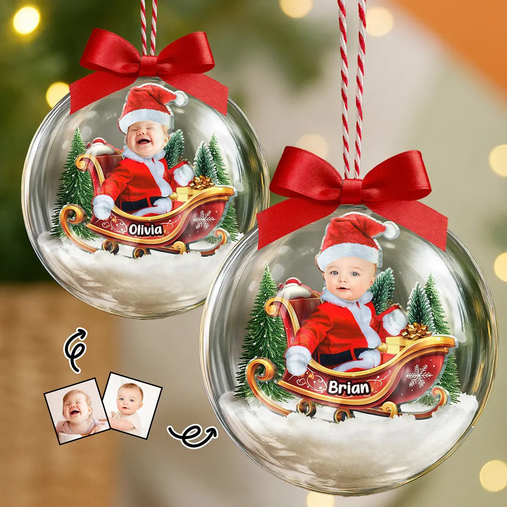 Custom Photo Baby And Kid In Sleigh - Personalized Photo 3D Acrylic Ball Ornament