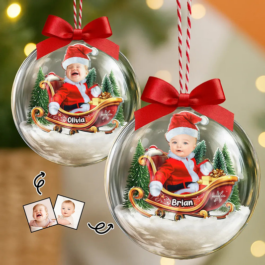 Custom Photo Baby And Kid In Sleigh - Personalized Photo 3D Acrylic Ball Ornament