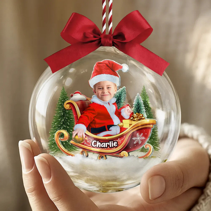 Custom Photo Baby And Kid In Sleigh - Personalized Photo 3D Acrylic Ball Ornament