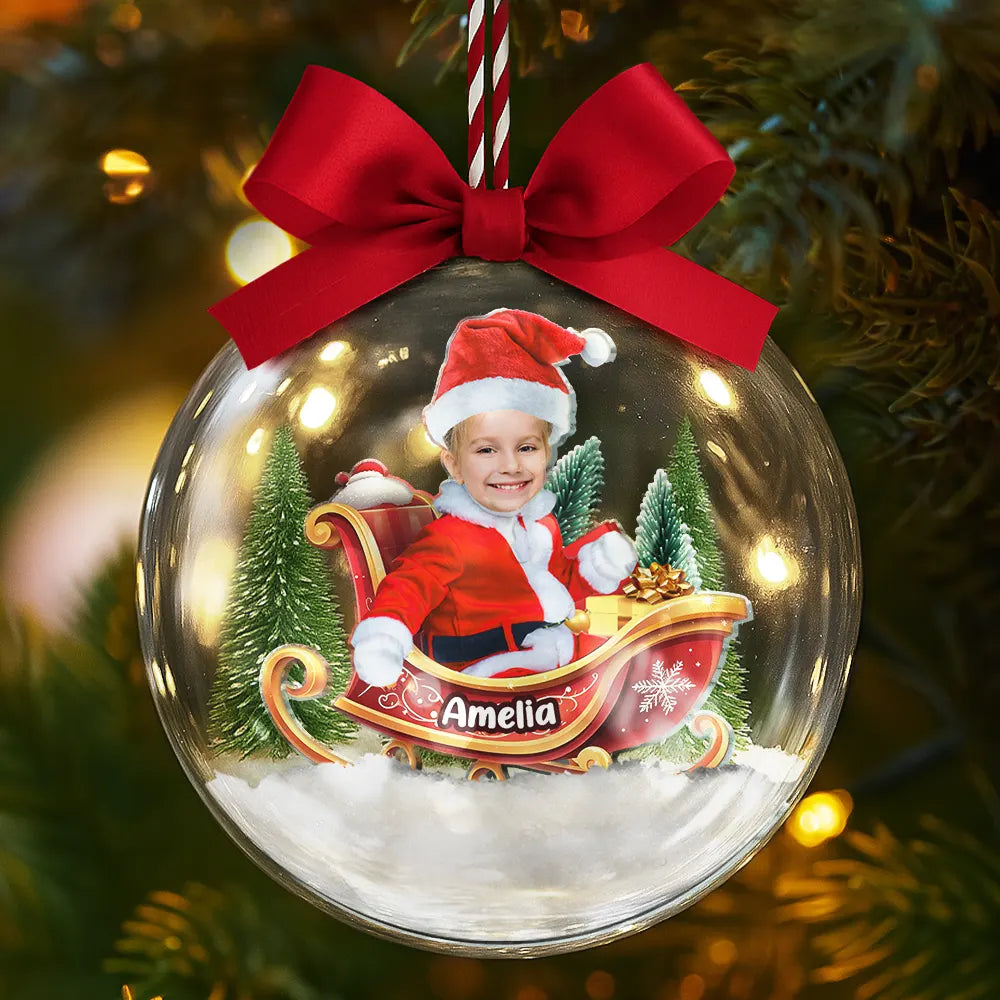 Custom Photo Baby And Kid In Sleigh - Personalized Photo 3D Acrylic Ball Ornament