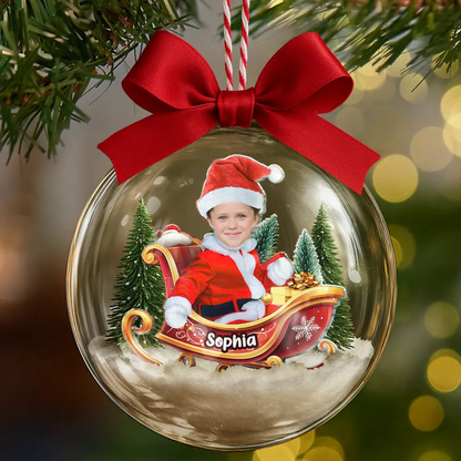 Custom Photo Baby And Kid In Sleigh - Personalized Photo 3D Acrylic Ball Ornament