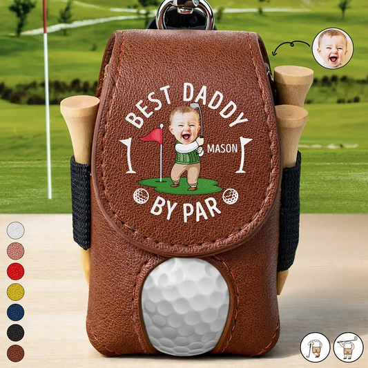 Custom Photo Best Daddy By Par Funny Kid - Personalized Leather Golf Ball Holder