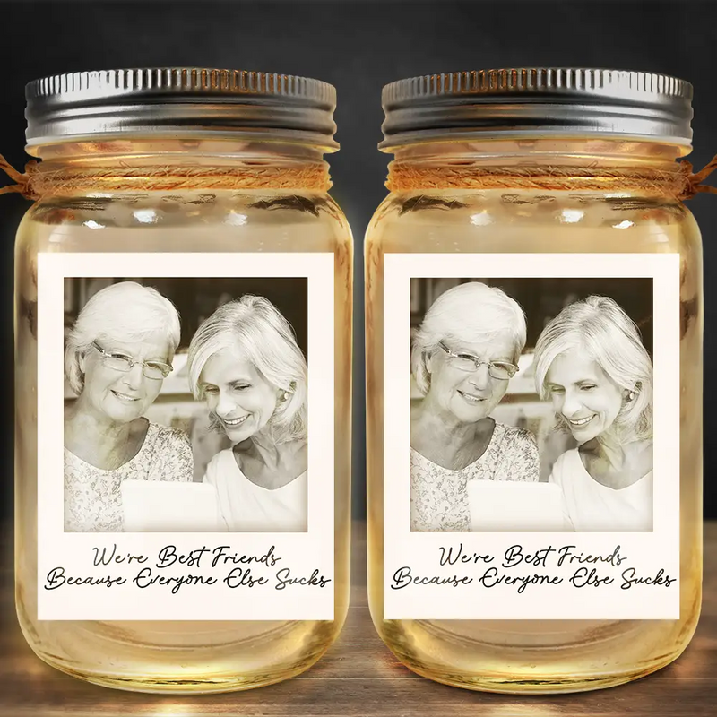 Custom Photo Besties Gray Scale Right In The Throat - Personalized Mason Jar Light