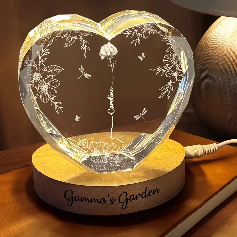 Birth Flower Grandma's Garden - Personalized Crystal Heart Shaped Lamp