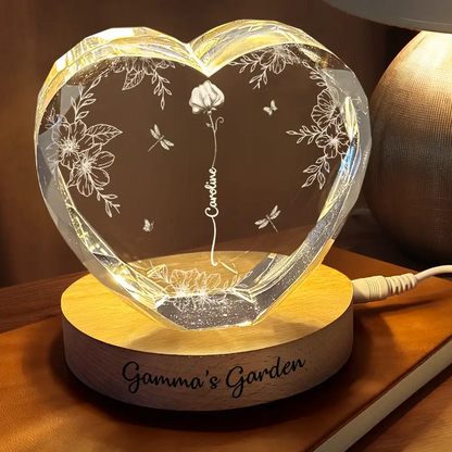 Birth Flower Grandma's Garden - Personalized Crystal Heart Shaped Lamp