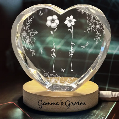 Birth Flower Grandma's Garden - Personalized Crystal Heart Shaped Lamp