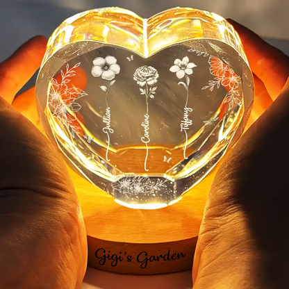 Birth Flower Grandma's Garden - Personalized Crystal Heart Shaped Lamp