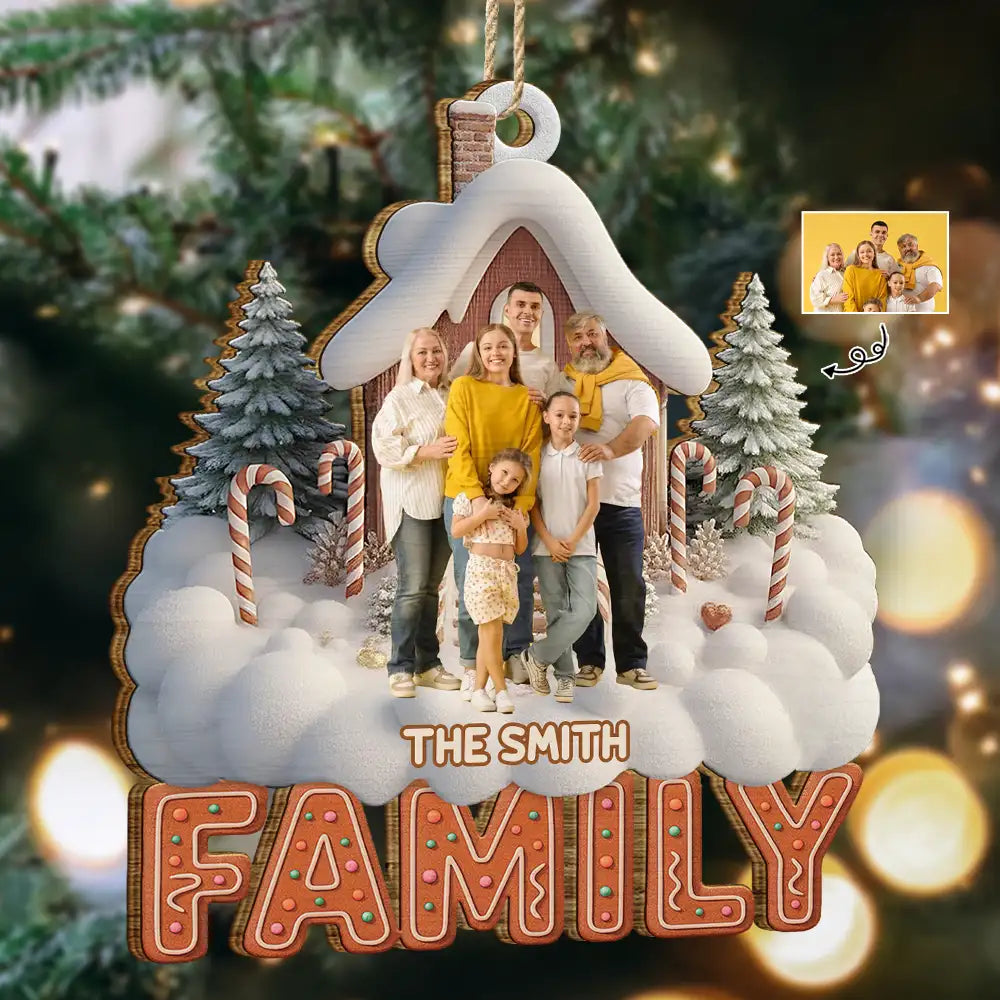 Custom Photo Family Christmas House - Personalized Custom Shaped Wooden Ornament