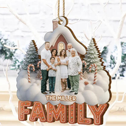 Custom Photo Family Christmas House - Personalized Custom Shaped Wooden Ornament