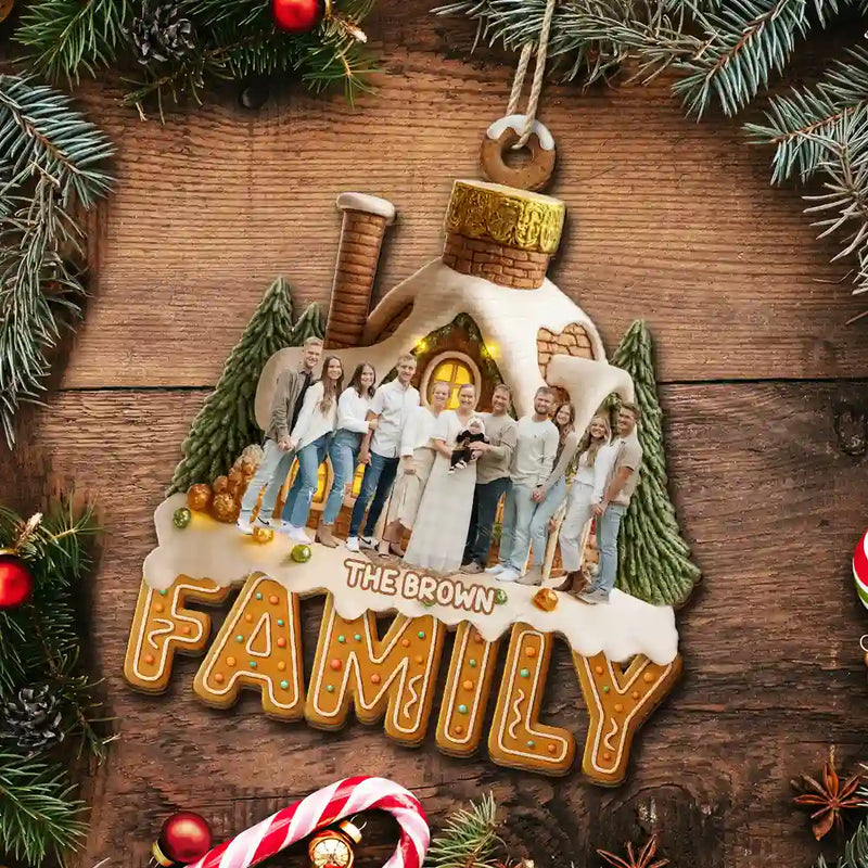 Custom Photo Family Christmas House - Personalized Custom Shaped Wooden Ornament
