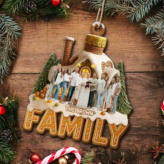 Custom Photo Family Christmas House - Personalized Custom Shaped Wooden Ornament