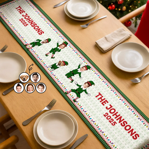Custom Photo Funny Christmas Elf Family Face Cut - Personalized Table Runner