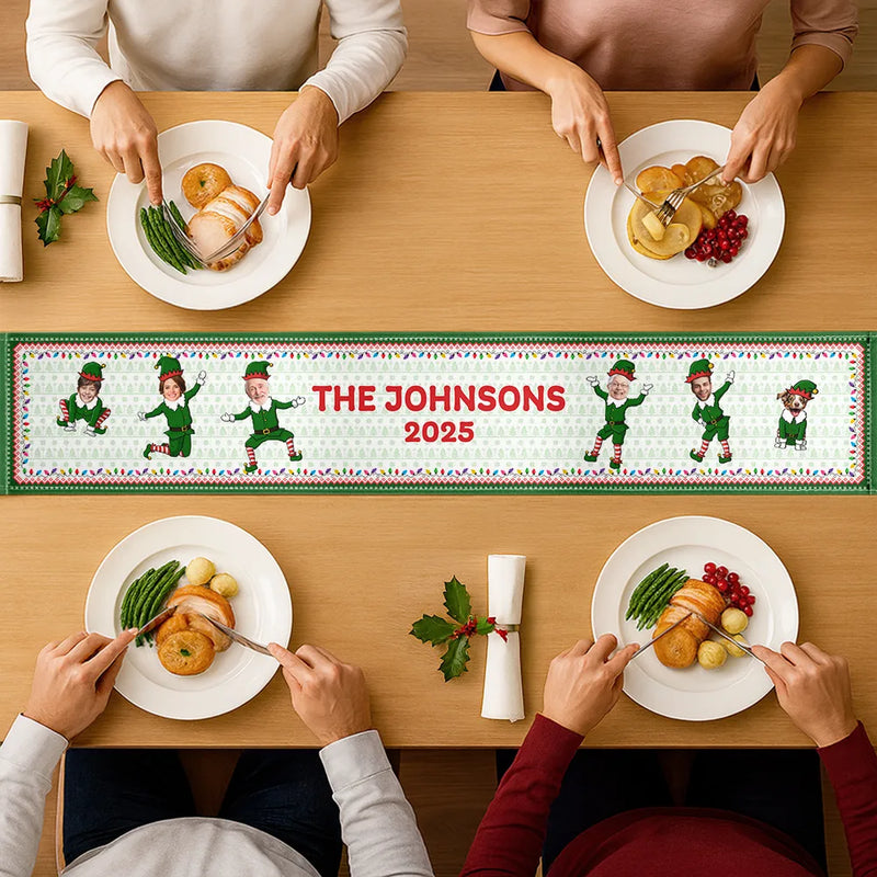 Custom Photo Funny Christmas Elf Family Face Cut - Personalized Table Runner