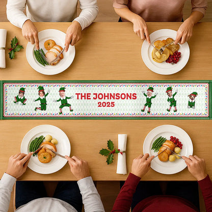 Custom Photo Funny Christmas Elf Family Face Cut - Personalized Table Runner