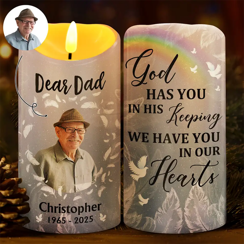 Custom Photo God Has You In His Keeping We Have You In Our Hearts - Personalized Flameless LED Candle