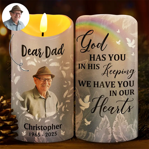Custom Photo God Has You In His Keeping We Have You In Our Hearts - Personalized Flameless LED Candle