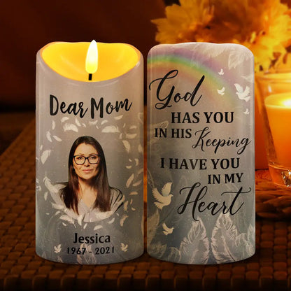 Custom Photo God Has You In His Keeping We Have You In Our Hearts - Personalized Flameless LED Candle