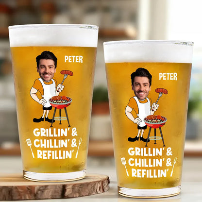 Custom Photo Grillin' Chillin' Refillin' - Personalized Beer Glass