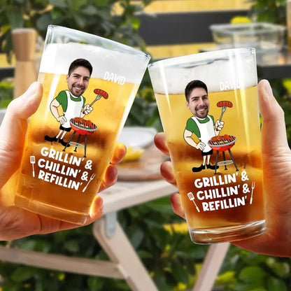 Custom Photo Grillin' Chillin' Refillin' - Personalized Beer Glass