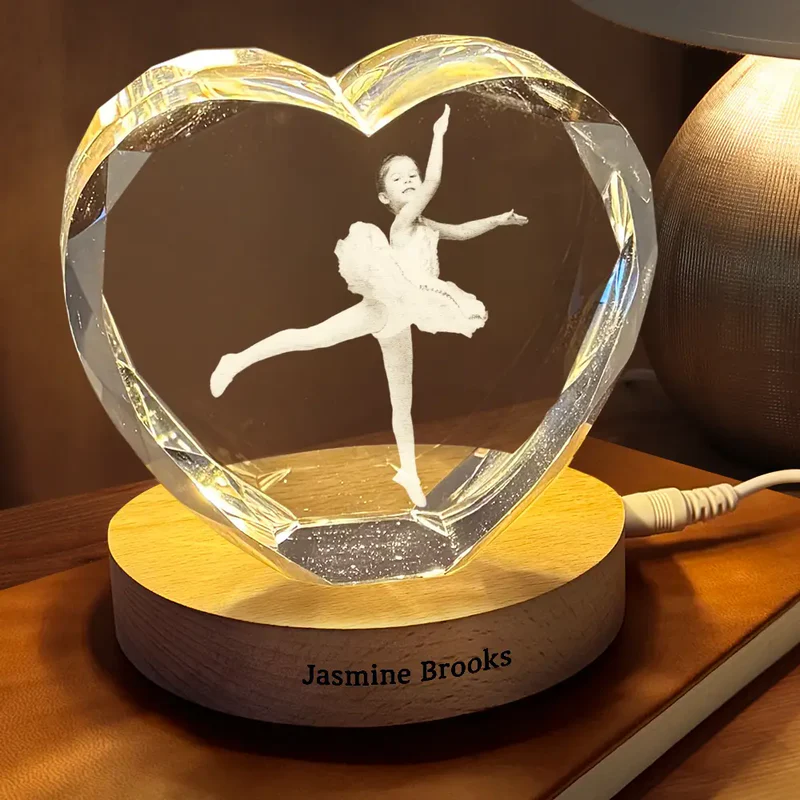 Custom Photo Kid Hobby Baseball Pet Ballet Gymnastics - Personalized Crystal Heart Shaped Lamp
