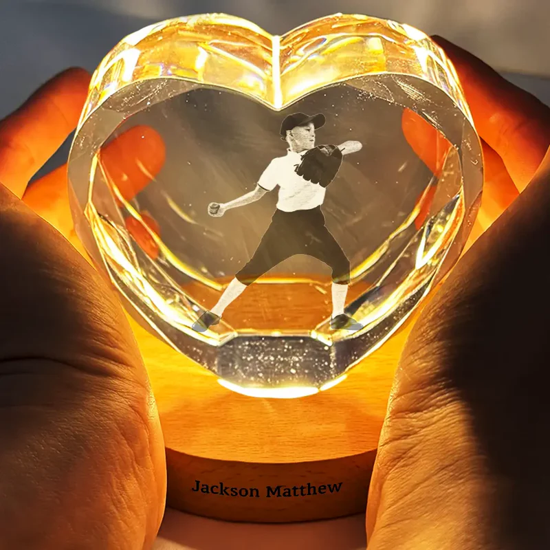 Custom Photo Kid Hobby Baseball Pet Ballet Gymnastics - Personalized Crystal Heart Shaped Lamp