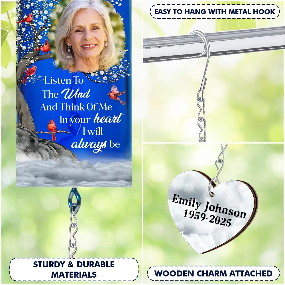 Custom Photo Listen To The Wind And Think Of Me - Personalized Wine Bottle Wind Chime