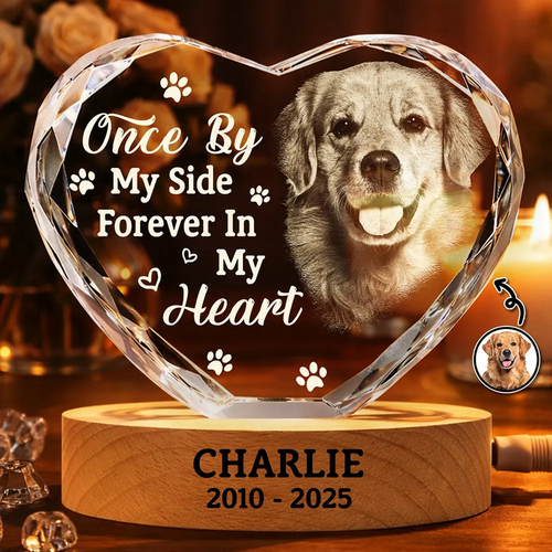 Custom Photo Once By My Side Forever In My Heart Memorial Dog Cat - Personalized Crystal Heart Shaped Lamp
