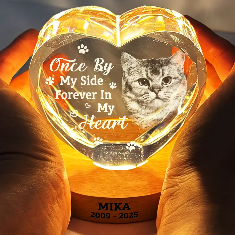 Custom Photo Once By My Side Forever In My Heart Memorial Dog Cat - Personalized Crystal Heart Shaped Lamp