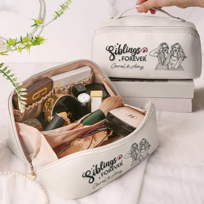Custom Photo Outline Sketch Besties Sisters Forever - Personalized Embroidered Leather Makeup Bag