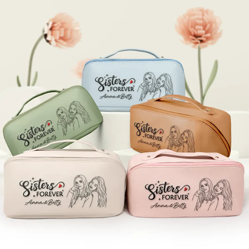 Custom Photo Outline Sketch Besties Sisters Forever - Personalized Embroidered Leather Makeup Bag