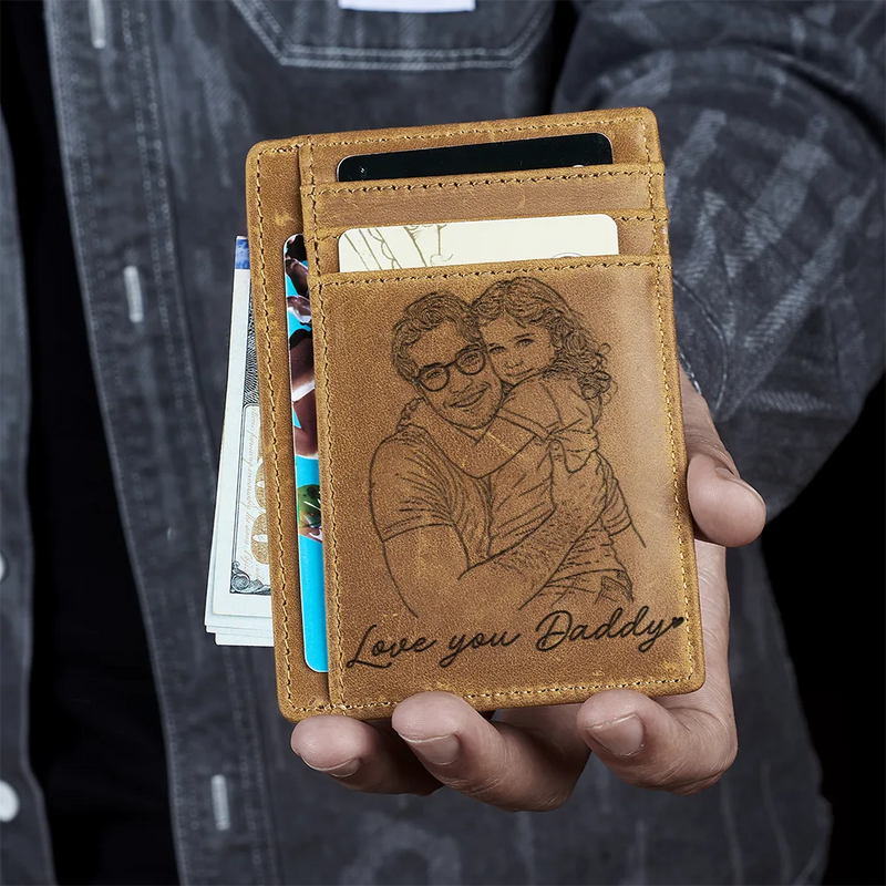 Custom Photo Outline Sketch Dad Grandpa And Kids Custom Message - Personalized Card Wallet