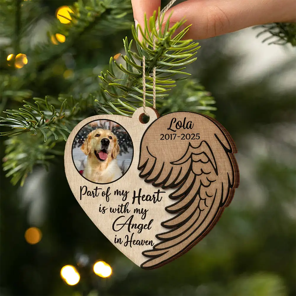 Custom Photo Part Of My Heart Is With My Angel In Heaven - Personalized Wooden Ornament