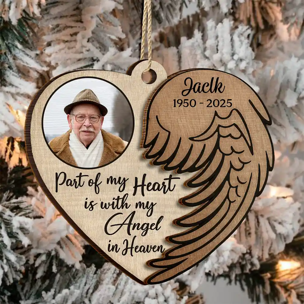 Custom Photo Part Of My Heart Is With My Angel In Heaven - Personalized Wooden Ornament