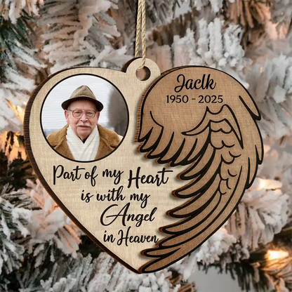 Custom Photo Part Of My Heart Is With My Angel In Heaven - Personalized Wooden Ornament