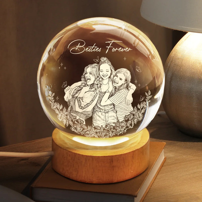 Custom Photo Pencil Sketch Art A True Friendship Is A Journey Without An End - Personalized Crystal Globe Lamp