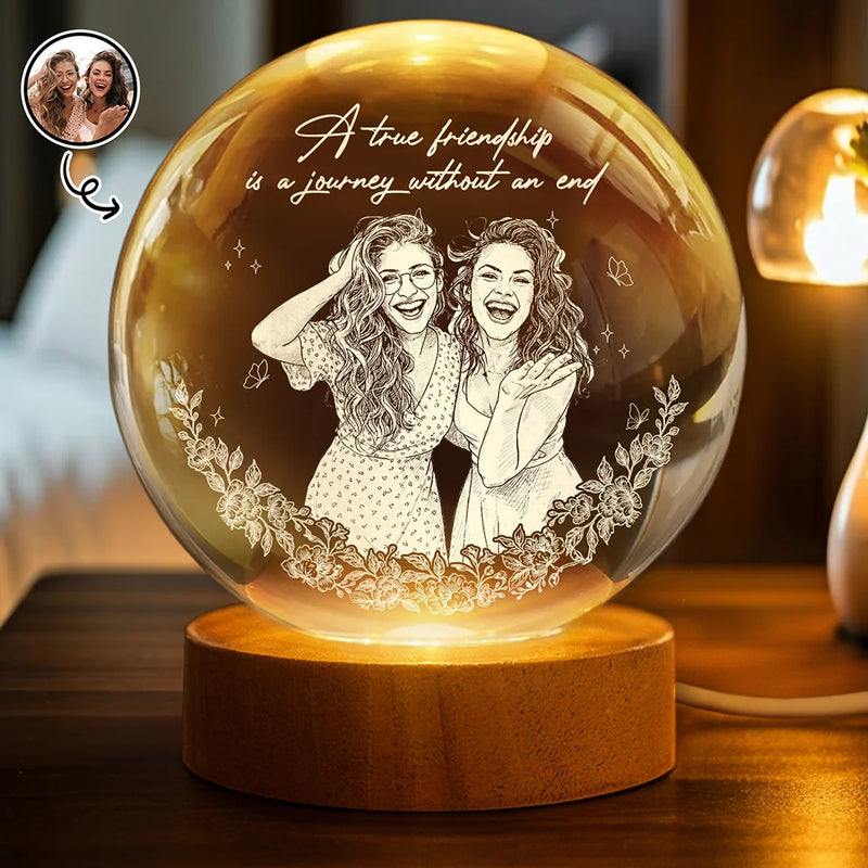 Custom Photo Pencil Sketch Art A True Friendship Is A Journey Without An End - Personalized Crystal Globe Lamp