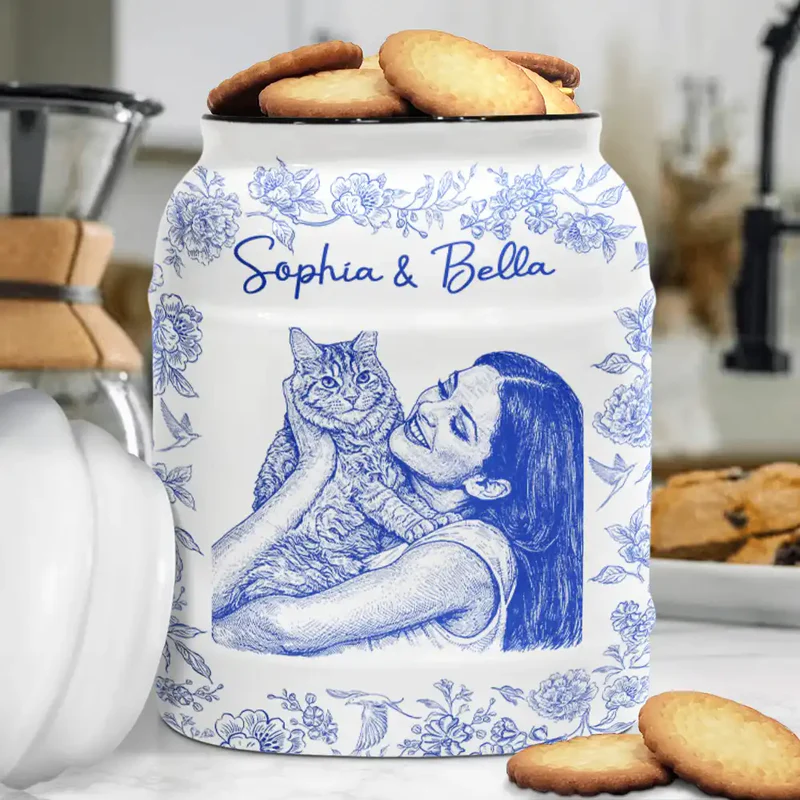 Custom Photo Pencil Sketch Dog Cat Portrait - Personalized Cookie Jar