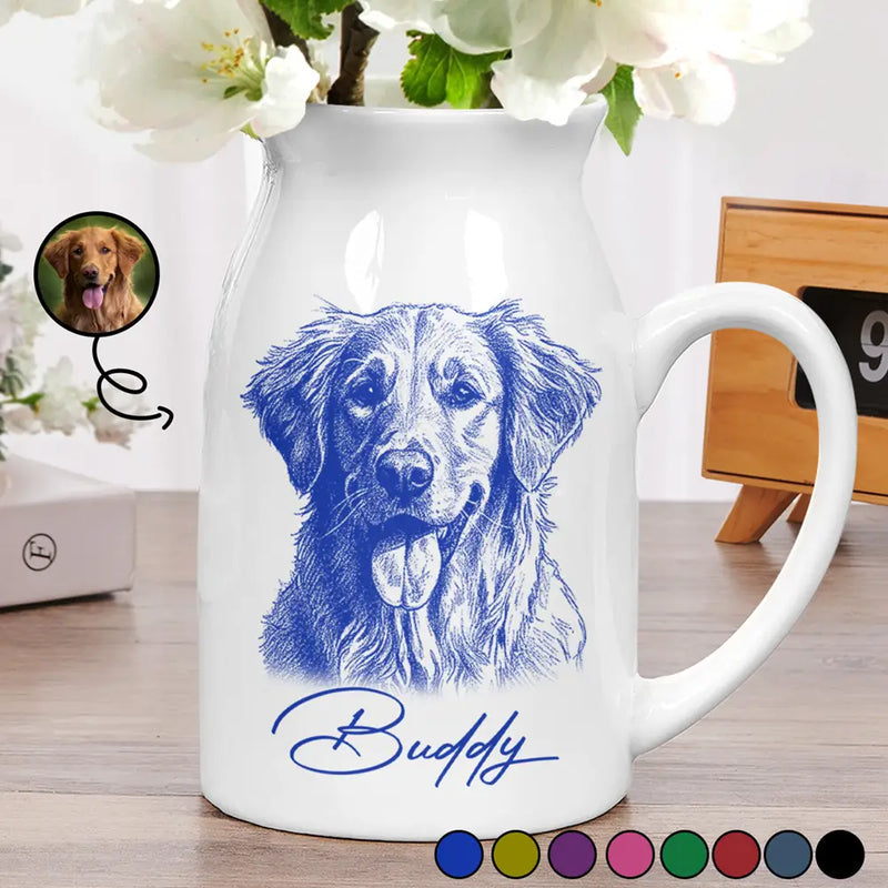 Custom Photo Pencil Sketch Family Besties Dog Cat Portrait - Personalized Ceramic Flower Vase