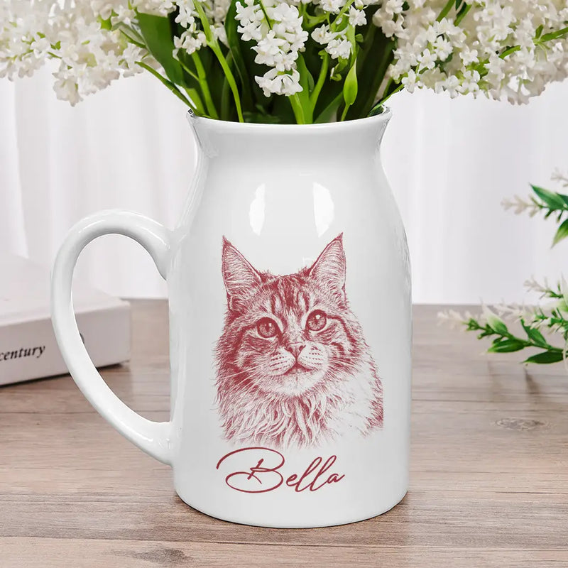Custom Photo Pencil Sketch Family Besties Dog Cat Portrait - Personalized Ceramic Flower Vase