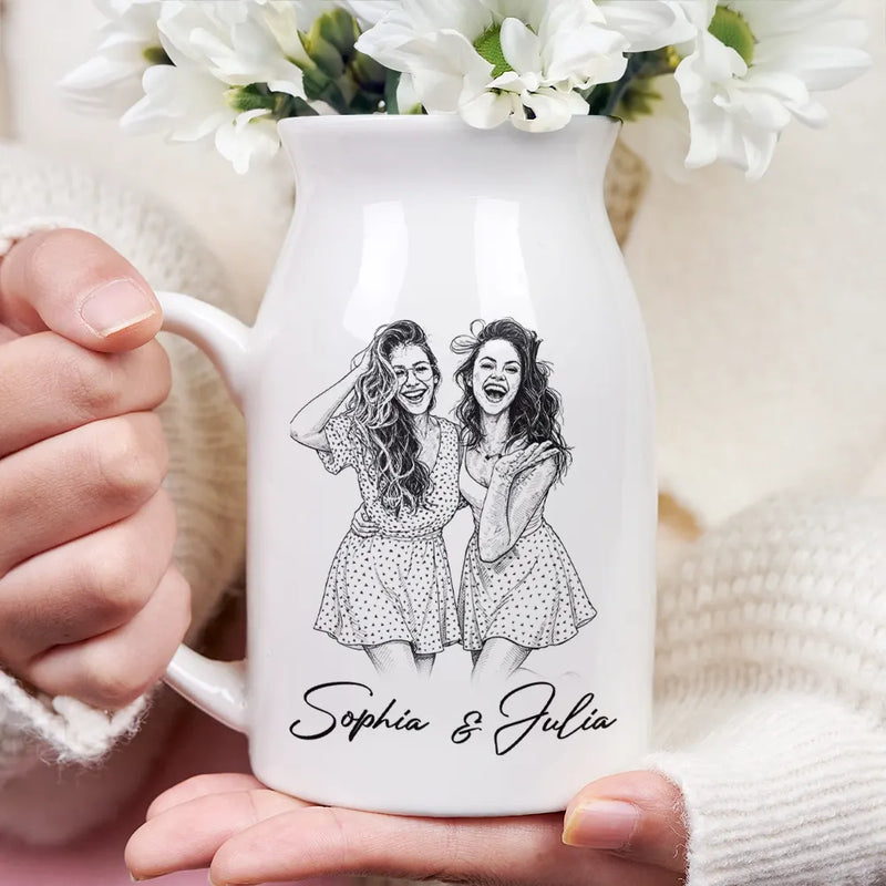 Custom Photo Pencil Sketch Family Besties Dog Cat Portrait - Personalized Ceramic Flower Vase