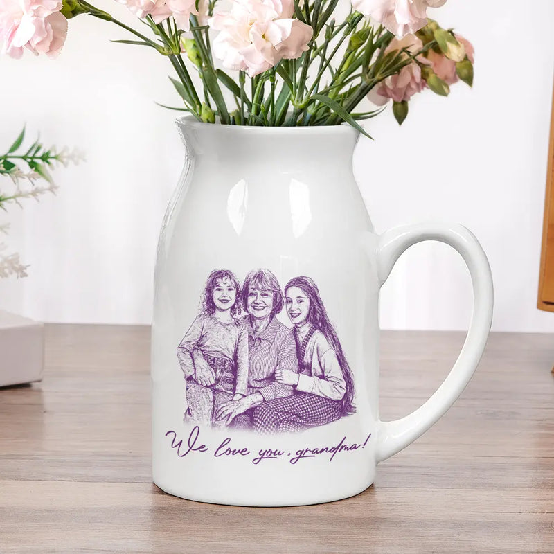 Custom Photo Pencil Sketch Family Besties Dog Cat Portrait - Personalized Ceramic Flower Vase