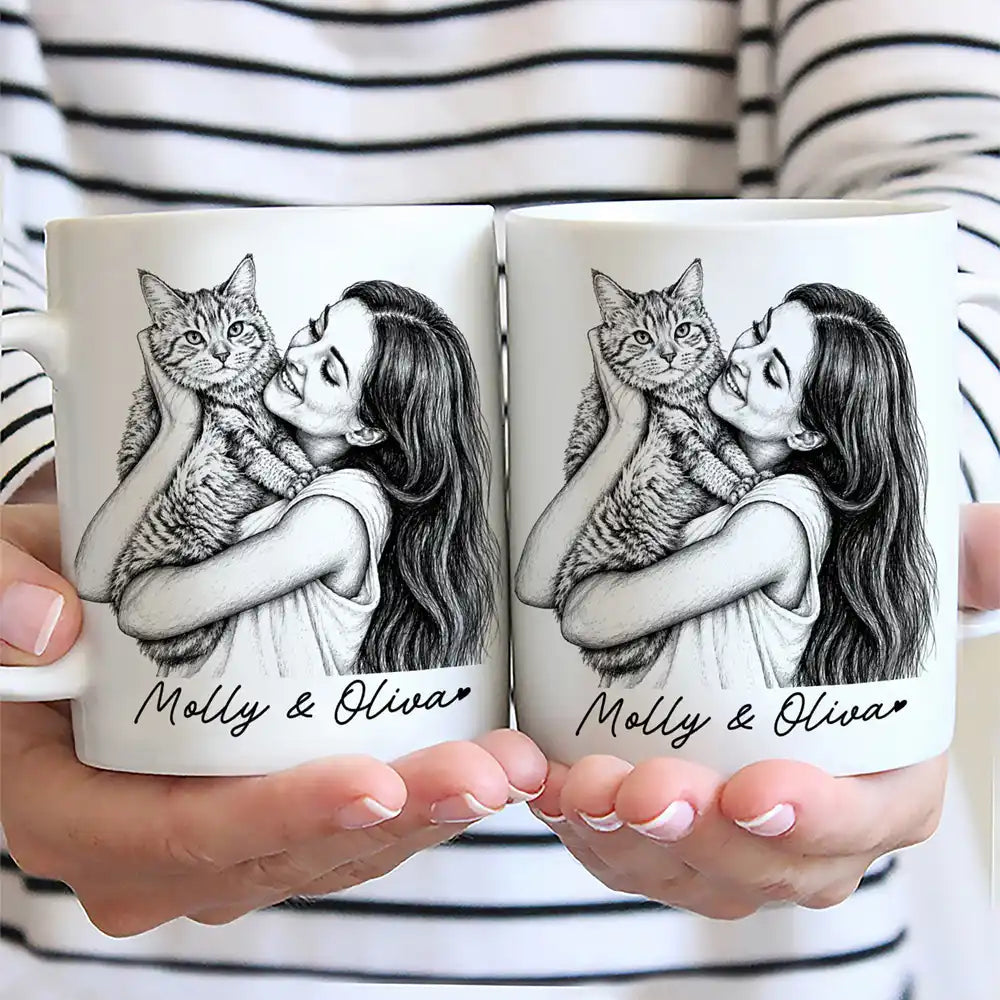 Custom Photo Pencil Sketch Family Dog Cat Portrait - Personalized Mug