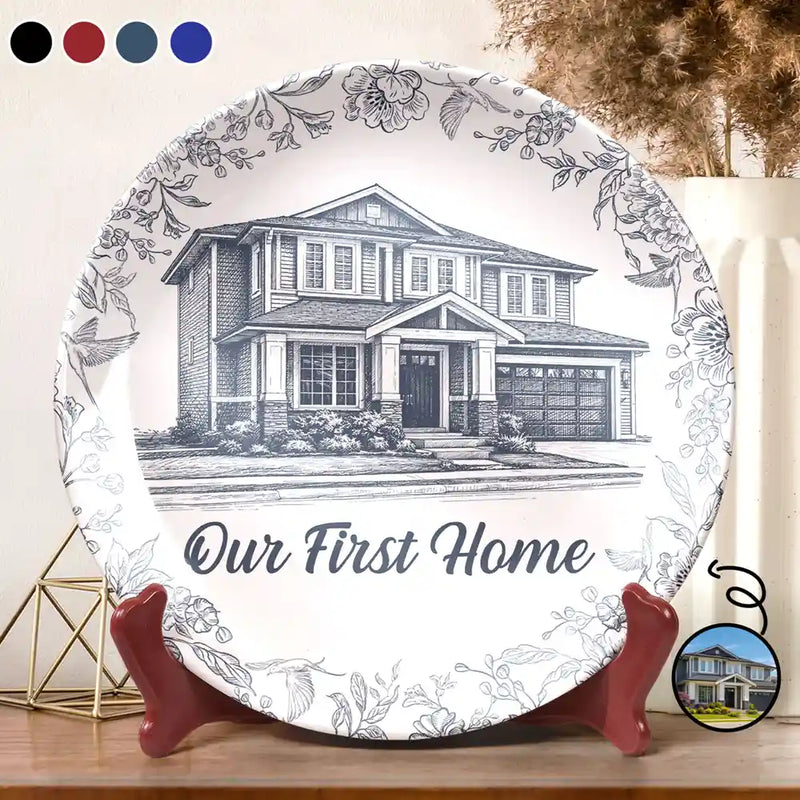 Custom Photo Pencil Sketch House Sketch Where Love Never Ends - Personalized Ceramic Plate